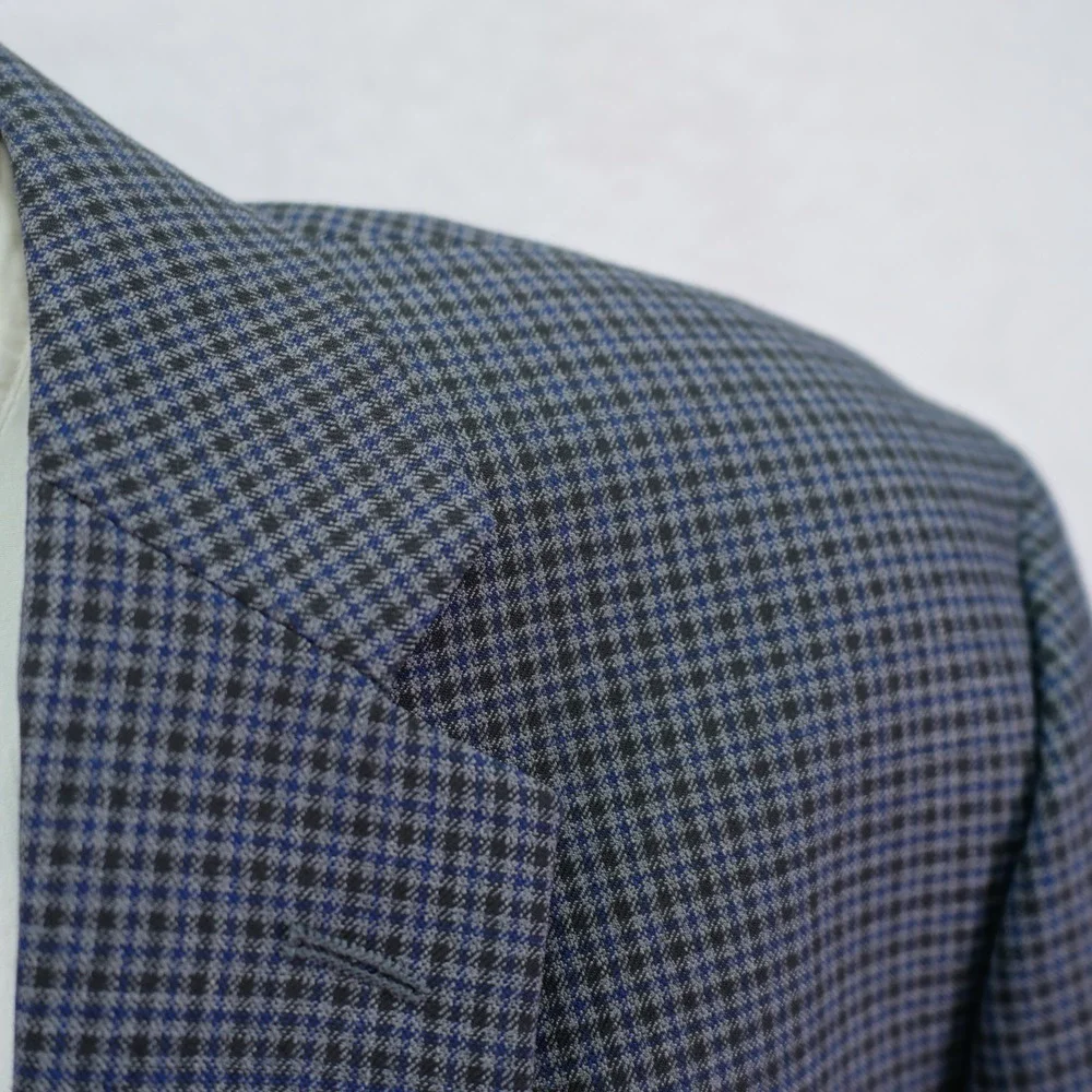 Pronto Uomo Platinum‎ Wool Blend Sport Coat Blue Gray Black Plaid Portly 46R